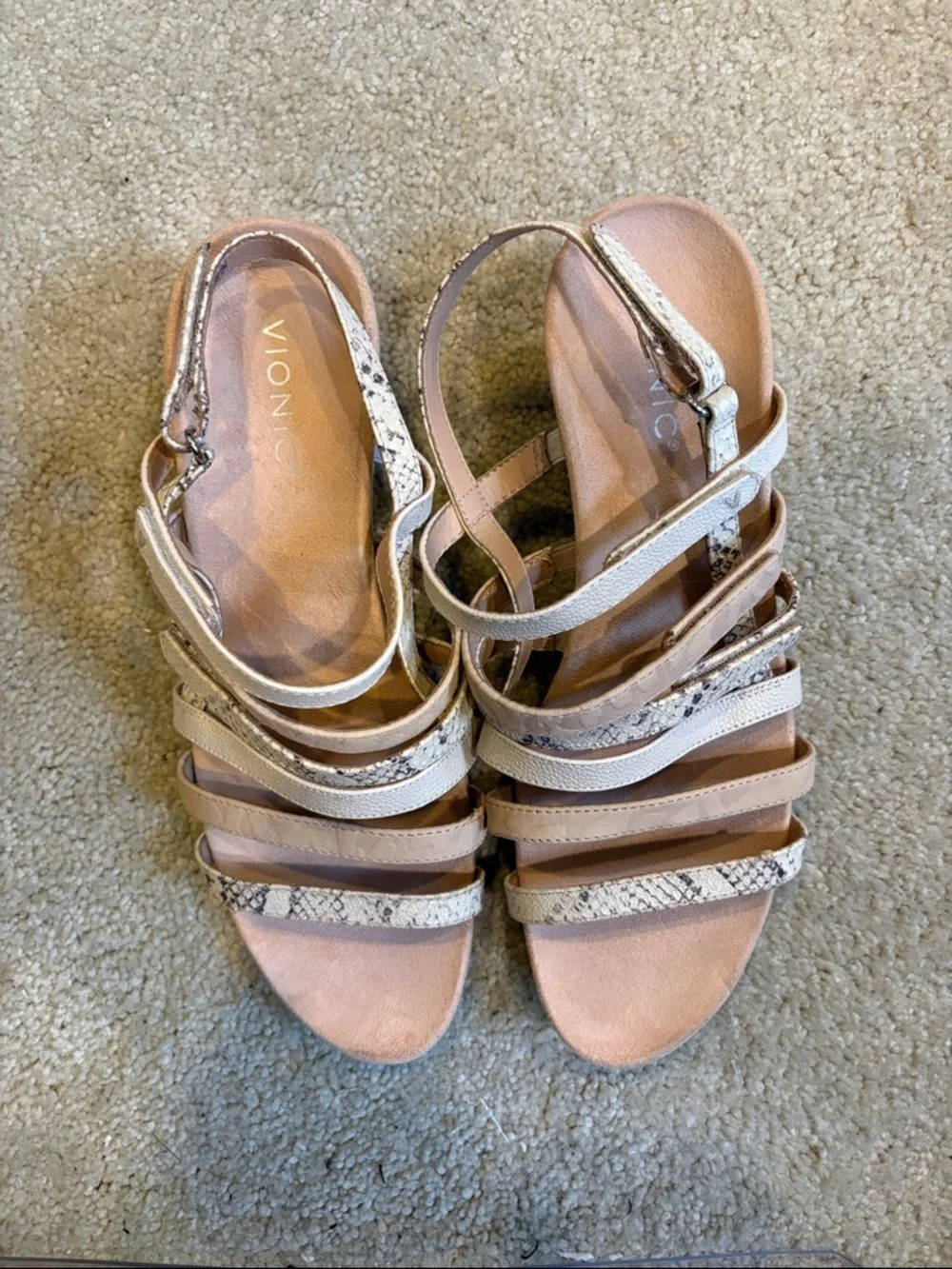 Vionic Beige Snake-Print Multi-Strap “Tess” Wedge Sandals w/Velcro Close-Size 11